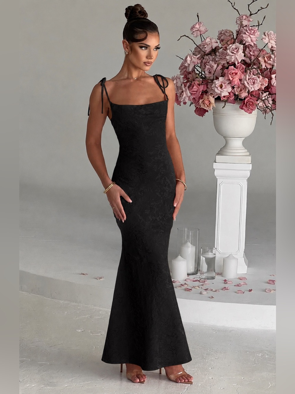 Babyboo Whitney Maxi Dress Black Brocade Lace-Up Evening Gown